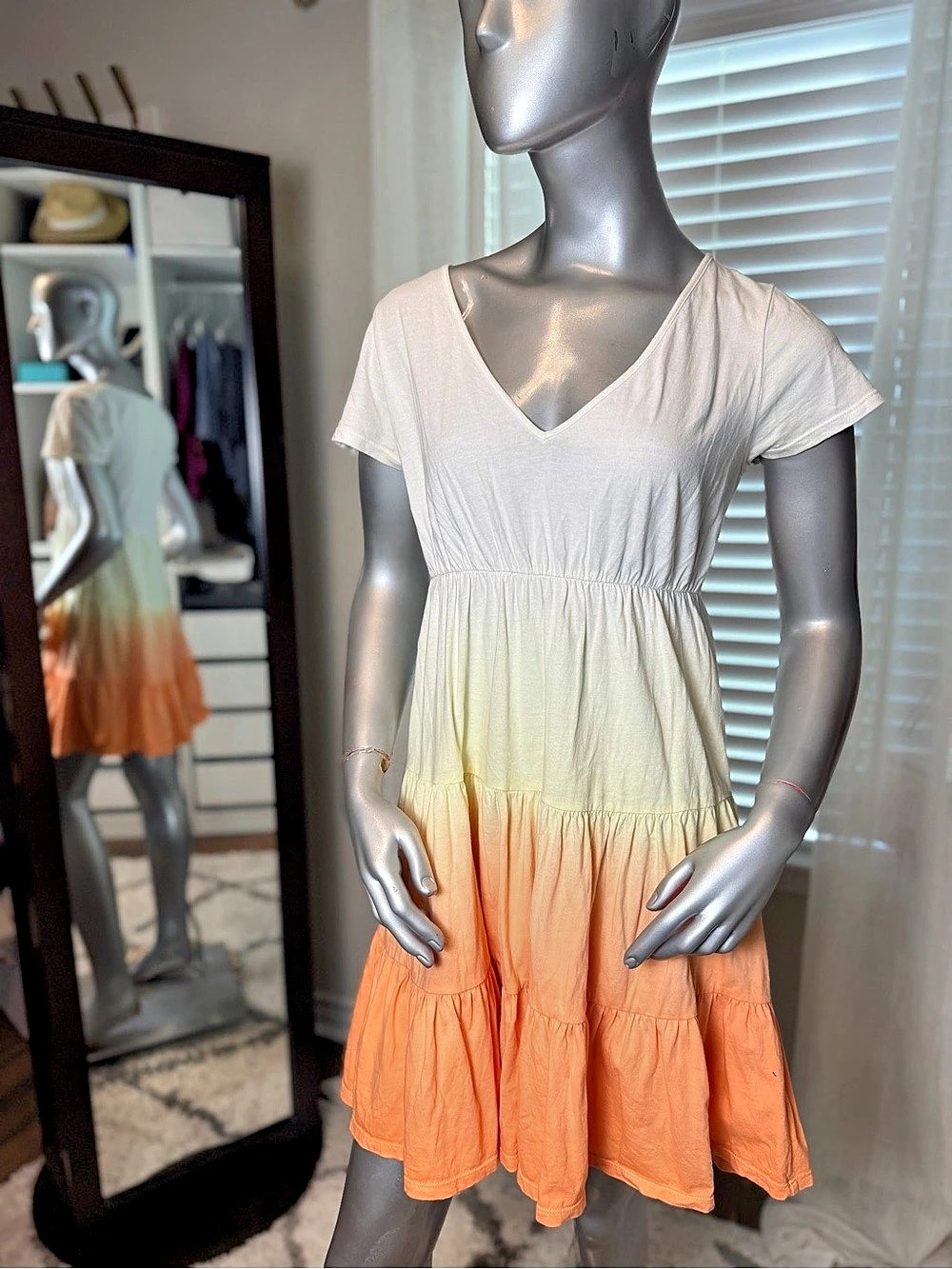 Wild Fable Ombre Tiered Mini Dress White Peach Orange 100% Cotton Medium